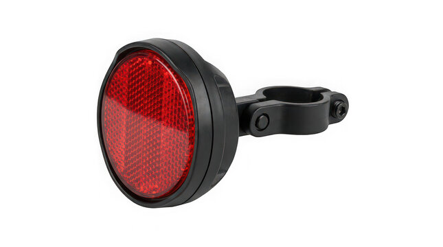 Detailed studio shot of a black bicycle reflector with a bright red lens isolated on transparent background