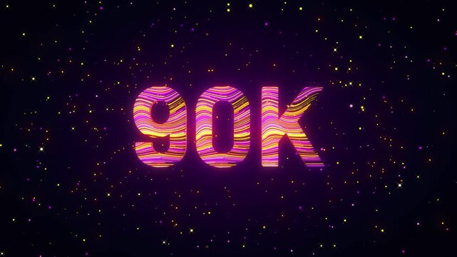 Dynamic 3D animation of a rotating 90K number with flowing purple, yellow, and magenta light trails, glowing particles, and cosmic sparkles creating a futuristic digital achievement scene.