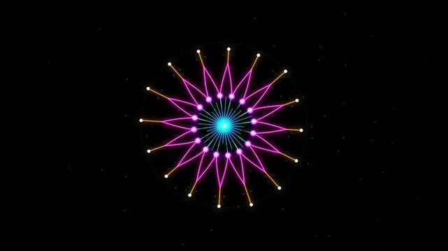 Neon geometric mandala animation glowing abstract particle background