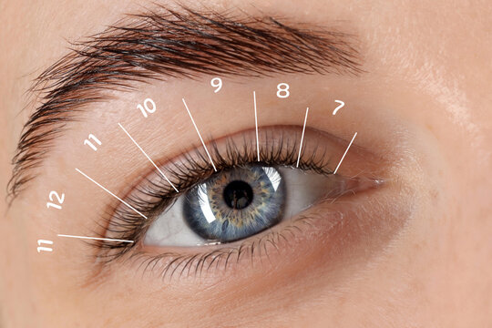Woman with lash mapping, closeup. Eyelash extensions