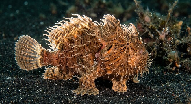 Extreme macro portrait of a camouflaged Hairy frogfish on black volcanic sand