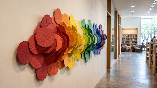 Layered recycled paper color wall in a library