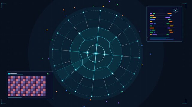 Futuristic digital radar interface display showing circular tracking grid with data visualization panels and glowing points
