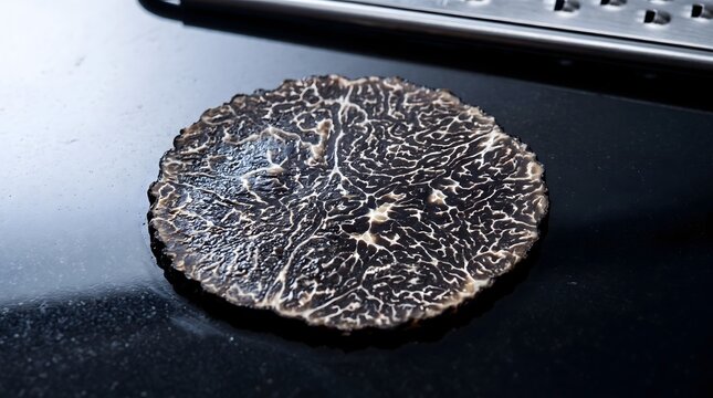 Macro of a single translucent black truffle shaving on obsidian &mdash; marbled ivory venation visible through the slice, cold specular, microplane at frame edge. Ideal for Michelin gastronomy and luxury fo