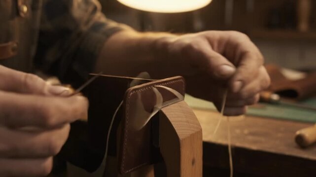 Artisan hands stitching brown leather wallet in a traditional workshop