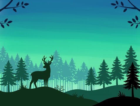 Enchanting green forest landscape with a majestic deer silhouette standing on a hill under a bright teal sky, beautiful vector illustration for nature backgrounds and wildlife design themes