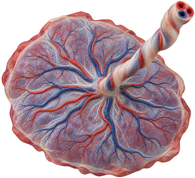 3D placenta in superior view &mdash; branching red arteries and blue veins from cord insertion, twisted triple cord, lobulated disc edge. PNG on white. Ideal for obstetrics and reproductive medicine