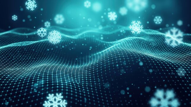Abstract digital landscape with blue glowing mesh and snowflakes background.