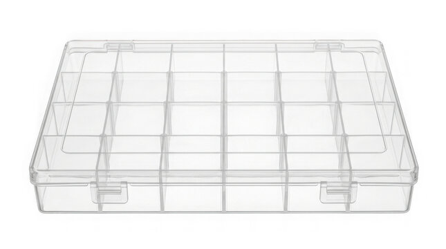 Empty clear plastic organizer with multiple compartments for beads jewelry or small craft supplies isolated on transparent background