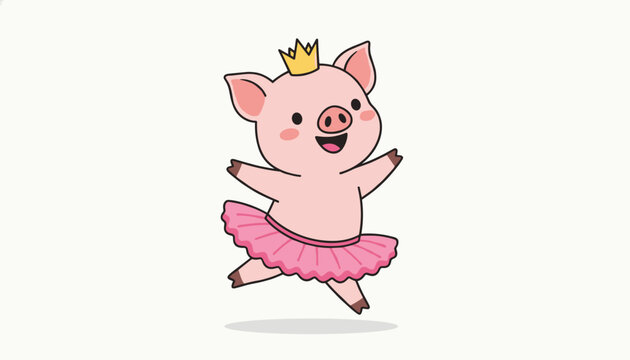Cute little pig wearing a pink ballet tutu and a golden crown happily dancing in a whimsical character vector illustration.