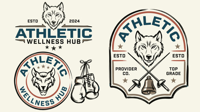 Vintage athletic club logo design. Wolf head wellness hub emblem. Boxing gloves and fencing swords illustration. Retro gym badge for apparel and branding.