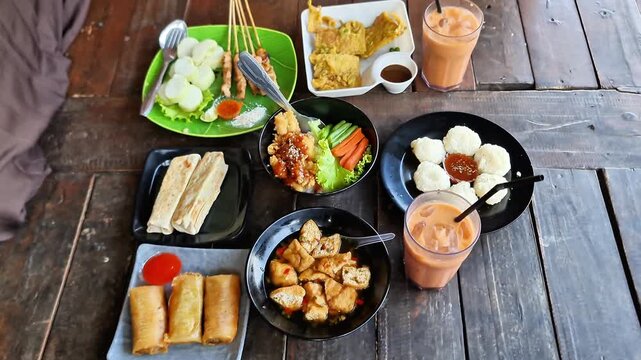Elegant Plating of Premium Indonesian Cuisine Featuring Beef Rendang, Chicken Satay, Spring Rolls, and Iced Tea on a Sleek Wooden Table