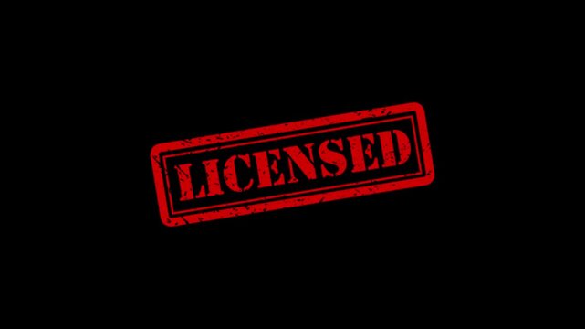 Red licensed rubber stamp animation on black background, official approval concept verified