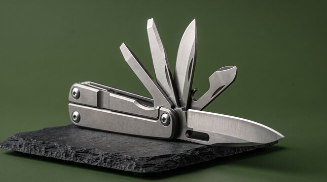 Multitool stainless steel pocket knife with multiple opened blades displayed on dark slate stone against green background