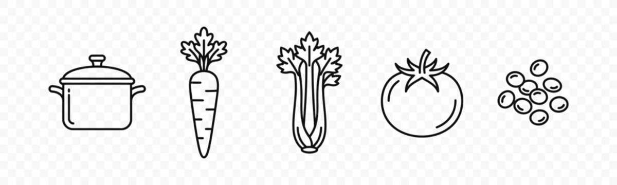 flat vector illustration line art icon bundle set design kitchen cooking preparation healthy food hot boiling pot fresh carrot celery tomato apple fruit vegetable concept ui