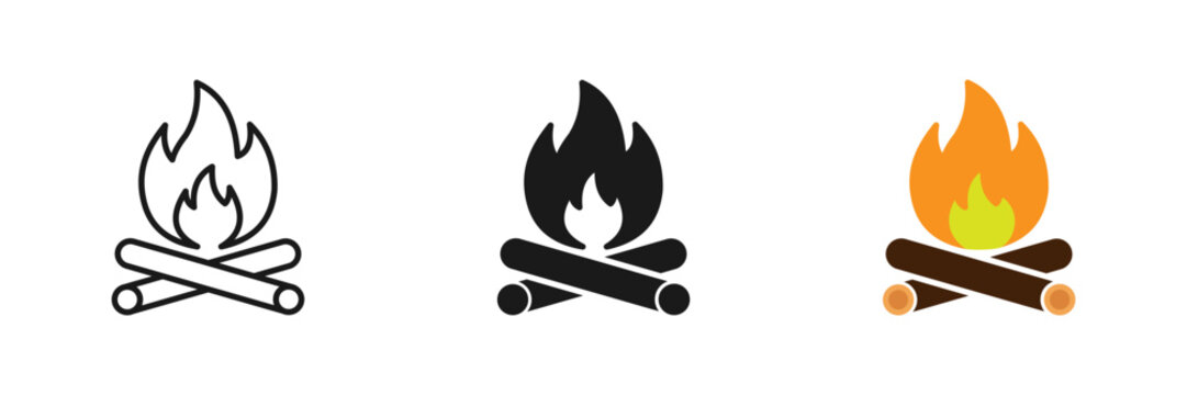 Campfire icon featuring fireplace, bonfire and firewood log symbols, outdoor campfire symbols vector illustration