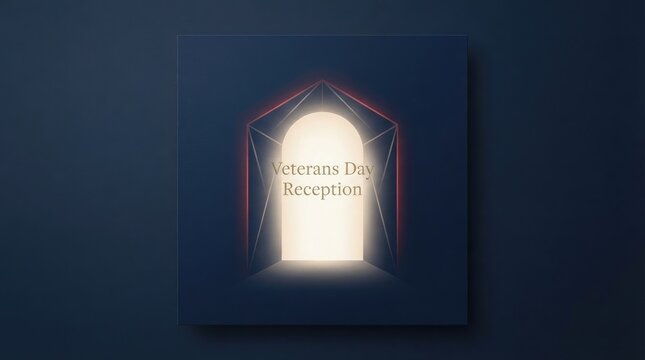Veterans day reception invitation card design featuring glowing arched doorway in modern dark blue geometric frame.