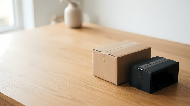 Two shipping boxes in brown cardboard and black matte finish placed on a clean wooden table in a minimalist indoor setting  