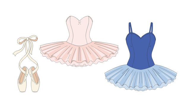 Elegant ballet equipment set featuring pink and blue tutus along with a pair of satin pointe shoes tied with ribbons for dance classes.