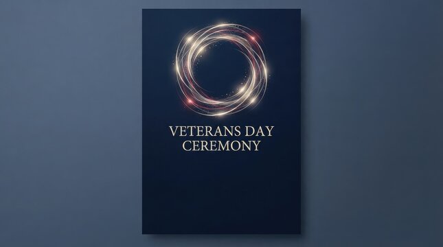 Modern Veterans Day ceremony poster in navy blue with dynamic gold and red light swirl circle perfect for national holiday events.