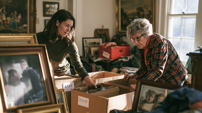 Senior Woman and Adult Daughter Sorting Keep and Donate Boxes at Home