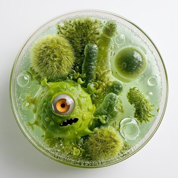 gross green germ microorganisms in laboratory petri dish ew pathogen hygeine campaign