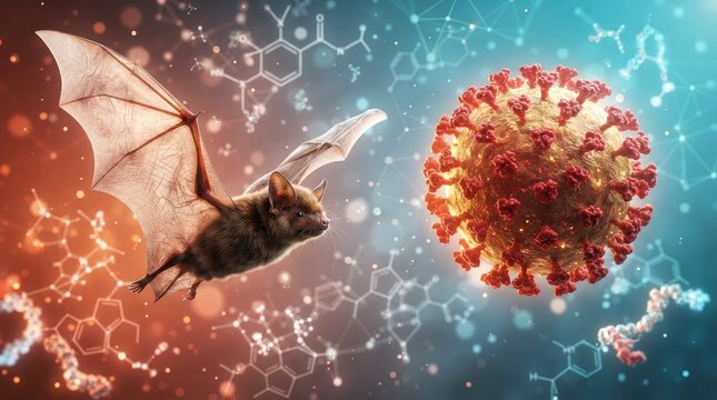Brown bat flying gracefully toward a glowing golden virus particle surrounded by abstract scientific chemical structures
