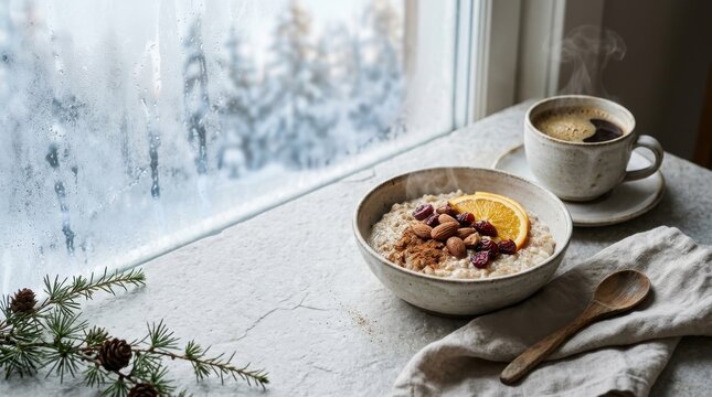 Warm oatmeal with fruit and nuts, steaming coffee, by a winter window, cozy breakfast scene.