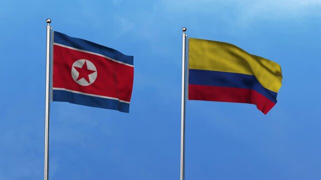 North Korea and Colombia Waving Flags, 3D Illustration.
