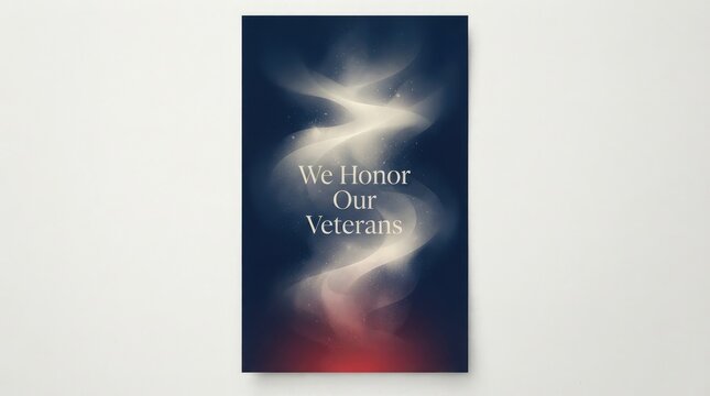 Remembrance card featuring we honor our veterans message set in glowing light wave design against dark navy background.