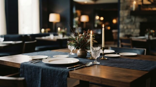 Elegant dinner table setting with dark blue linen runner white ceramic plates crystal glassware and warm candlelight glow.