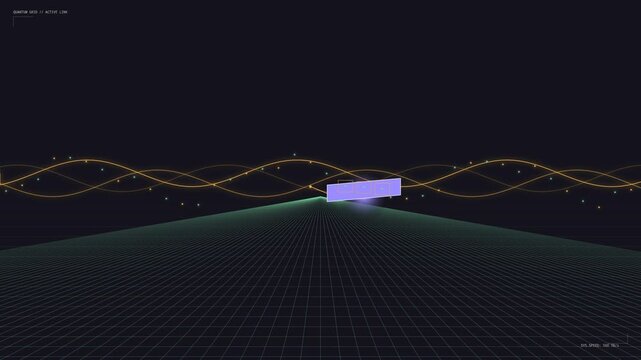 Abstract 3D Digital Landscape featuring a Glowing Purple Portal and Golden Particle Waves on a Dark Grid Floor