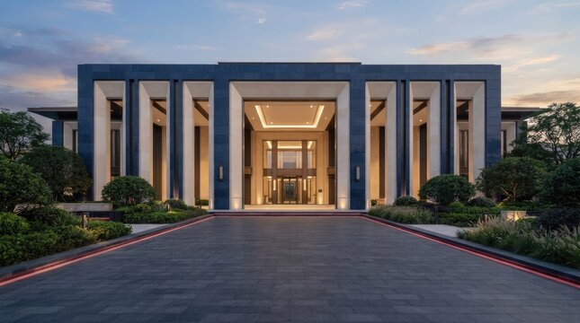 Modern luxury mansion exterior featuring dark stone and beige marble panels creates majestic entrance for high-end estates.
