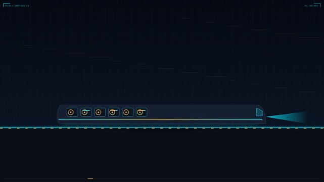 Professional Corporate Technology HUD Display with Interactive Menu Icons and Blue Light Effects on Dark Background