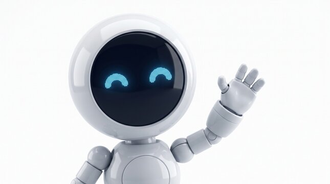 A small white robot with a round head waving its hand against a white background with digital face glowing waves hand greeting
