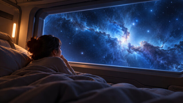 Passenger resting in a spacecraft sleeper while a blue nebula drifts beyond the window, an intimate futuristic travel scene for long voyages, quiet reflection and dreaming among the stars