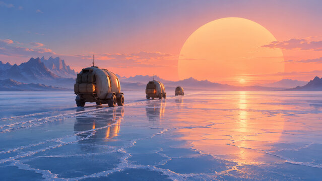 Three compact caravans crossing a blue-white salt flat toward a peach sunrise, a serene alien travel landscape for expedition, nomadic life, remote transport and vast open horizons
