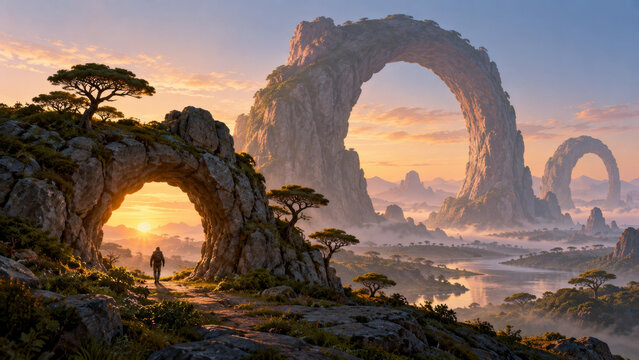 Traveler walking through monumental natural stone rings among low trees, a majestic extraterrestrial landscape for alien geology, exploration, ancient arches and a sense of wonder at dawn