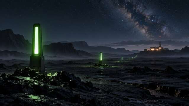Green navigation beacons leading across a black volcanic plain toward a distant shelter, a minimal sci-fi night landscape for wayfinding, safe passage and survival in a remote frontier