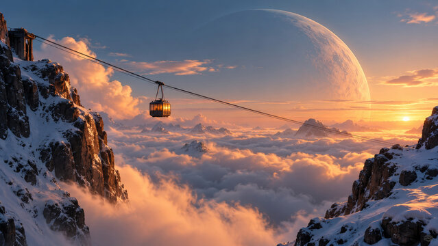 Single cable car suspended between snowy cliffs above golden clouds, a cinematic alien mountain landscape for winter travel, remote transit, high altitude and a peaceful journey beneath a planet