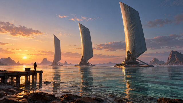 Three immense tidal fins turning in a shallow extraterrestrial sea while an engineer observes, a futuristic energy concept for ocean power, sustainability and monumental coastal design