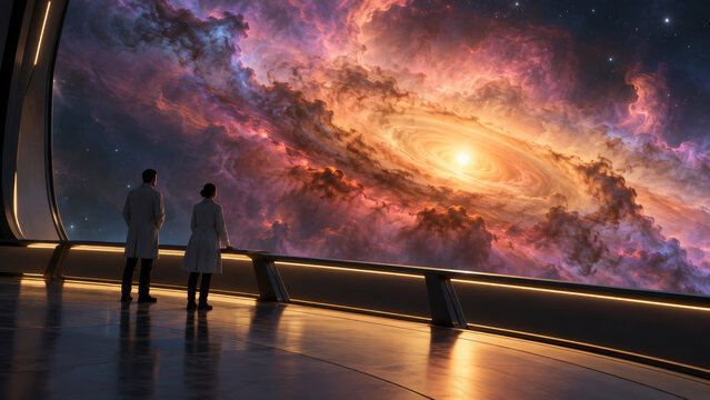 Two scientists studying a luminous stellar nursery from a quiet observation window, a sweeping deep-space scene for astronomy, star formation, nebulae and the birth of new solar systems