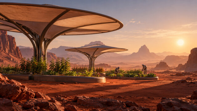 Gardeners working beneath broad solar shade canopies on red Martian soil, a hopeful futuristic landscape for space agriculture, sustainable shelter and building community in a dry frontier