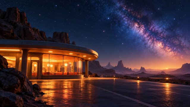 Warm roadside rest stop beneath a vast Milky Way sky on an empty alien highway, a cinematic futuristic travel scene about long journeys, remote hospitality and a moment of comfort between worlds