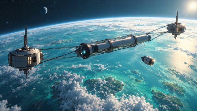 Long telescope suspended between two orbital modules above a turquoise world, a clean science fiction scene for space astronomy, satellite engineering and observation from an off-world station