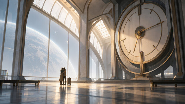 Two travelers reuniting beneath an enormous clock in a bright interplanetary station, a cinematic futuristic interior about arrivals, waiting, time, connection and the emotion of coming home