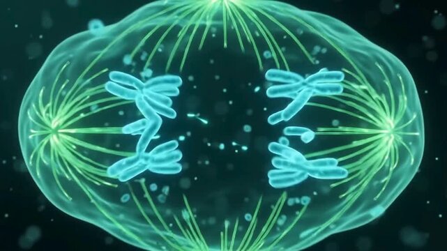 Mitosis cell division biological process showing chromosomes separating and replicating inside microscopic organism video footage