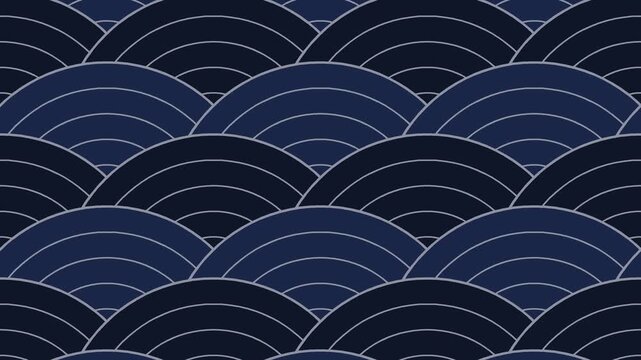 Seigaiha japanese wave pattern looping motion background, deep midnight blue