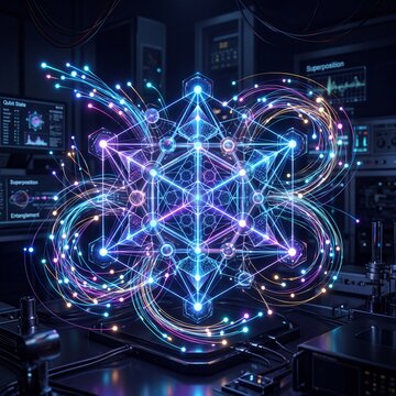 Glowing quantum computing processor with sacred geometry qubit entanglement visualization in advanced physics laboratory