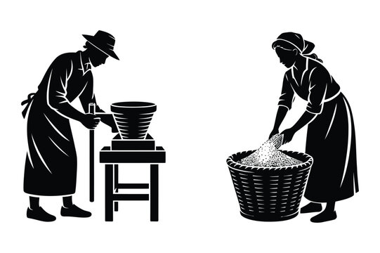 Agricultural silhouettes of farmers processing and preparing harvested goods
